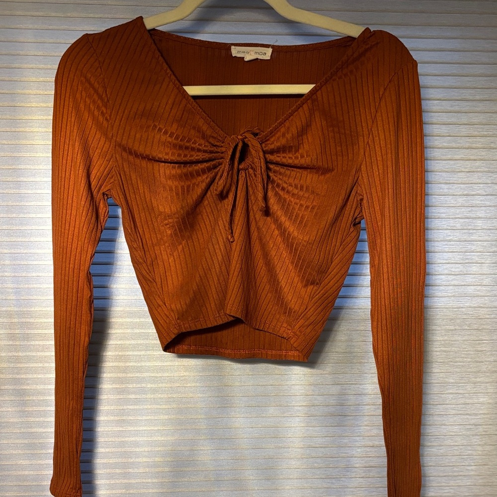 Moa Moa Rust Ribbed Tie-Front Blouse